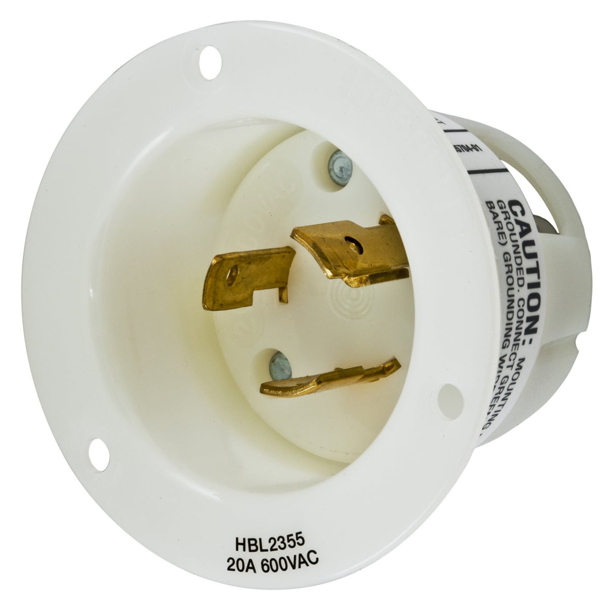 Locking Devices, Twist-Lock, Industrial, Insulgrip Flanged Inlet, 20A 600V AC, 2-Pole 3-Wire Grounding, NEMA L9-20P, Screw Terminal, Nylon casing, Back wired, White.