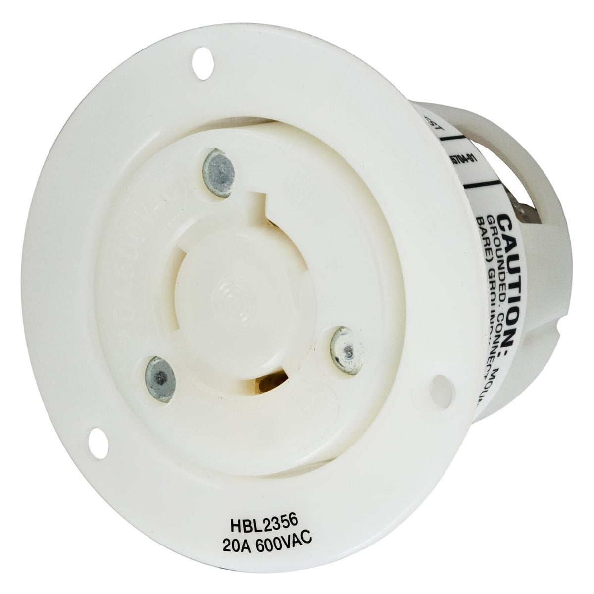 Locking Devices, Twist-Lock, Industrial, Insulgrip Flanged Receptacle, 20A 600V AC, 2-Pole 3-Wire Grounding, NEMA L9-20R, Screw Terminal, Nylon casing, Back wired, White.
