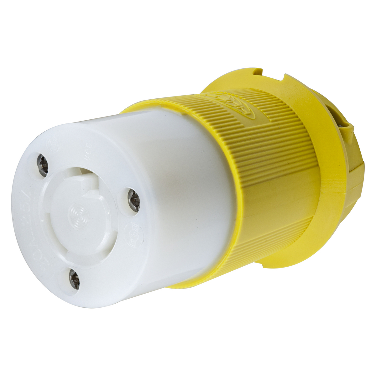 Locking Devices, Twist-Lock, Marine Grade, Female Insulgrip Connector Body, 20A 125V AC, 2-Pole 3-Wire Grounding, NEMA L5-20R, Screw Terminal, Yellow Nylon.