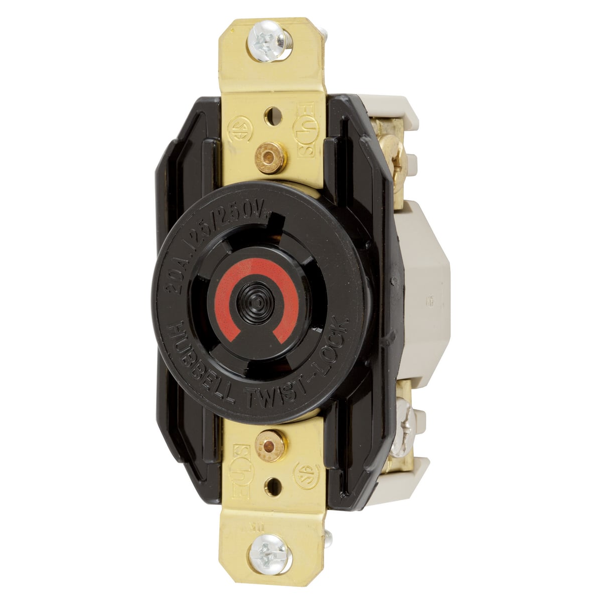 Locking Devices, Twist-Lock, Industrial, Single Flush Receptacle, 20A 125/250V, 3-Pole 4-Wire Grounding, NEMA L14-20R, Screw Terminal, Nylon face, Back and side wire, Black.