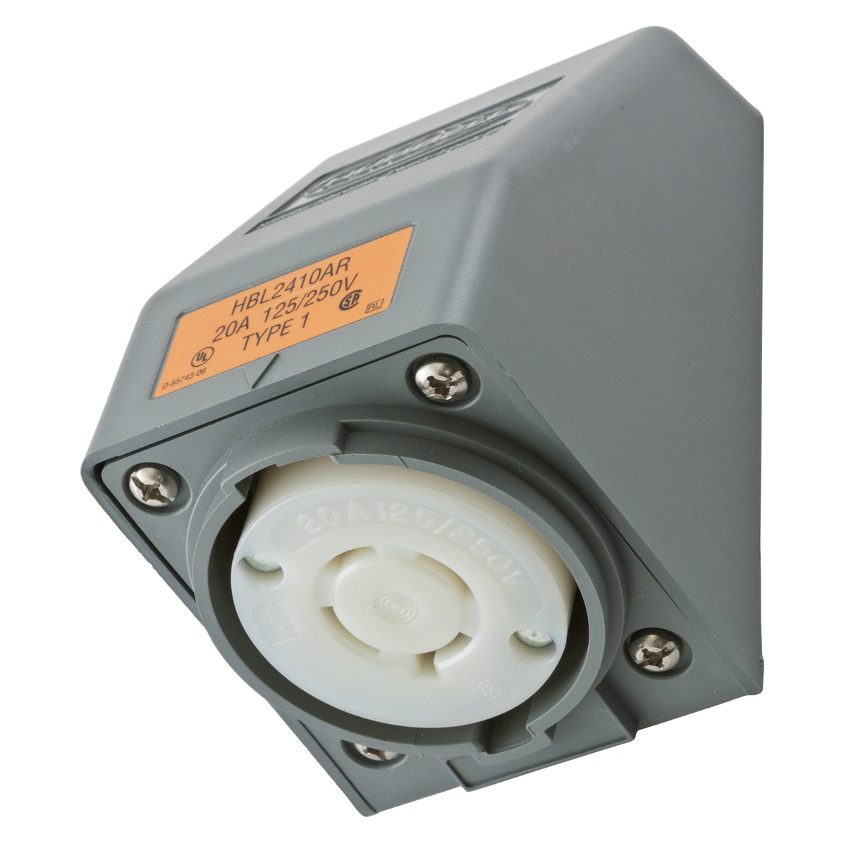 Locking Devices, Twist-Lock, Safety-Shroud, Angled Receptacle, 20A 125/250V AC, 3-Pole 4-Wire Grounding, NEMA L14-20R, Screw Terminal, Gray.