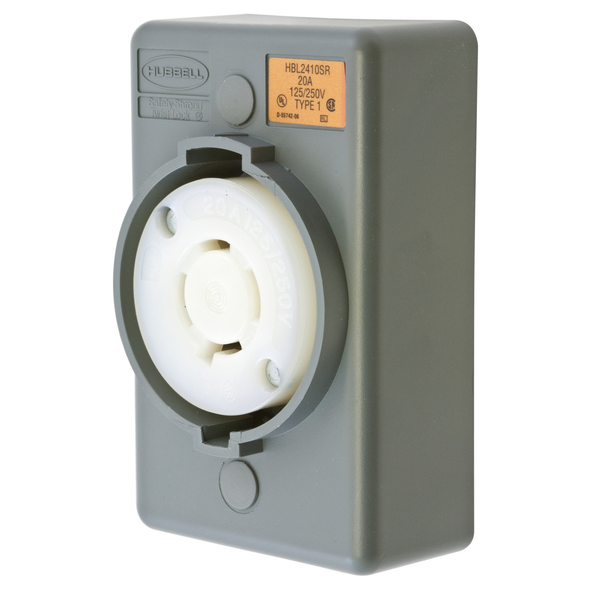 Locking Devices, Twist-Lock, Safety-Shroud, Surface Mount Receptacle, One Gang, 20A 125/250V AC, 3-Pole 4-Wire Grounding, NEMA L14-20R, Screw Terminal, Gray