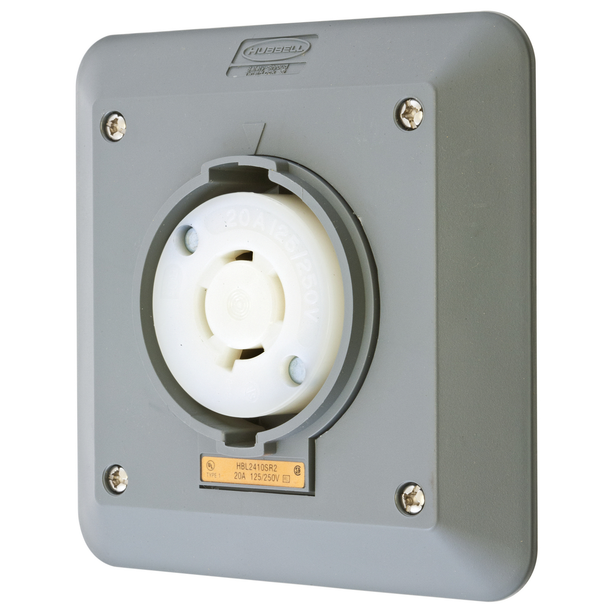 Locking Devices, Twist-Lock, Safety-Shroud, 2-Gang Surface Mount Receptacle, 20A 125/250V AC, 3-Pole 4-Wire Grounding, NEMA L14-20R, Screw Terminal, Gray.