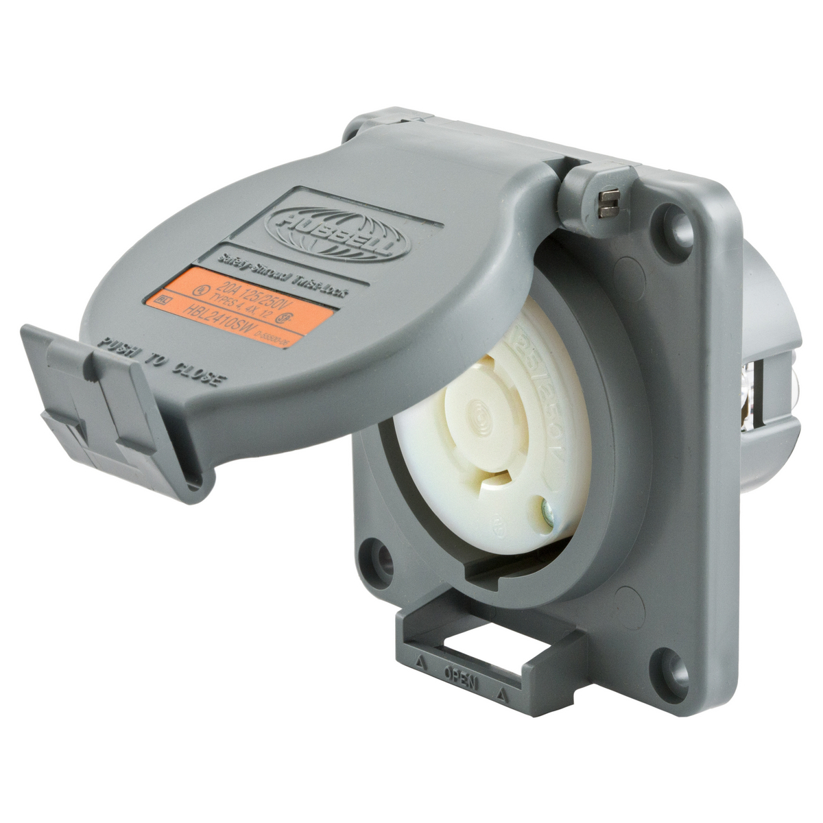 Locking Devices, Twist-Lock, Watertight Safety-Shroud, Receptacle, 20A 125/250V AC, 3-Pole 4-Wire Grounding, NEMA L14- 20R, Screw Terminal, PBT housing and flange, Gray.