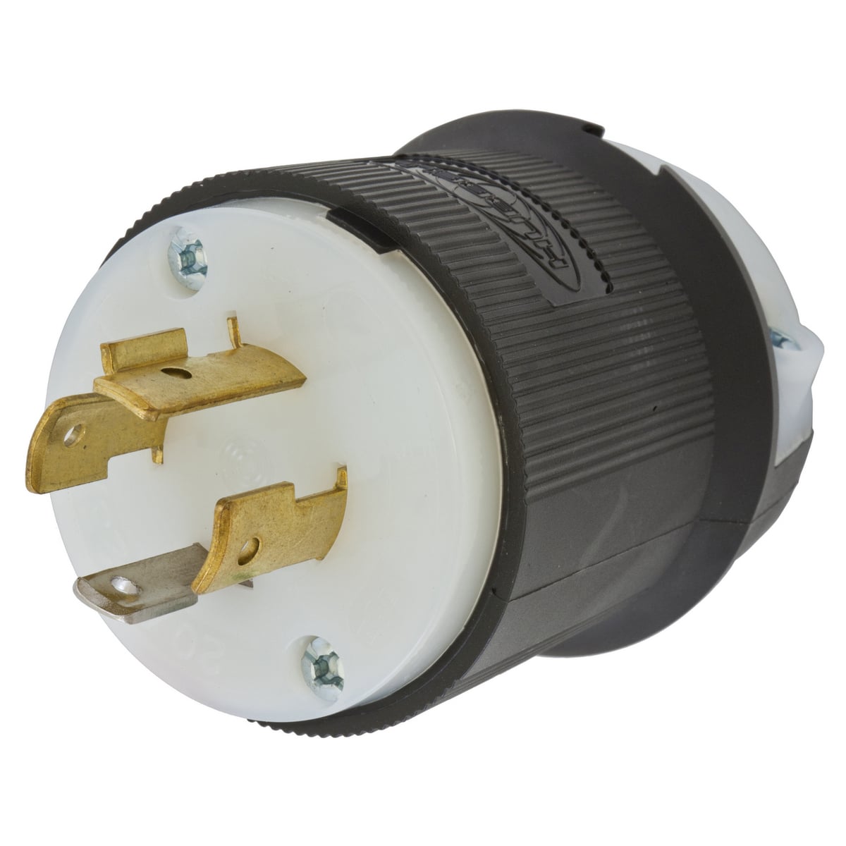Locking Devices, Twist-Lock, Industrial, Male Insulgrip Plug, 20A 125/250V AC, 3- Pole 4-Wire Grounding, NEMA L14-20P, Screw Terminal, Black and White Nylon.