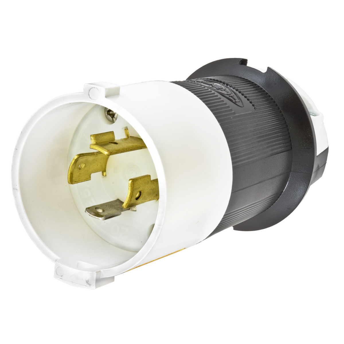 Locking Devices, Twist-Lock, Industrial, Male Safety-Shroud Plug, 20A 125/250V 3- Pole 4-Wire Grounding, NEMA L14-20P, Screw Terminal, Black and White Nylon body, White PBT Shroud.