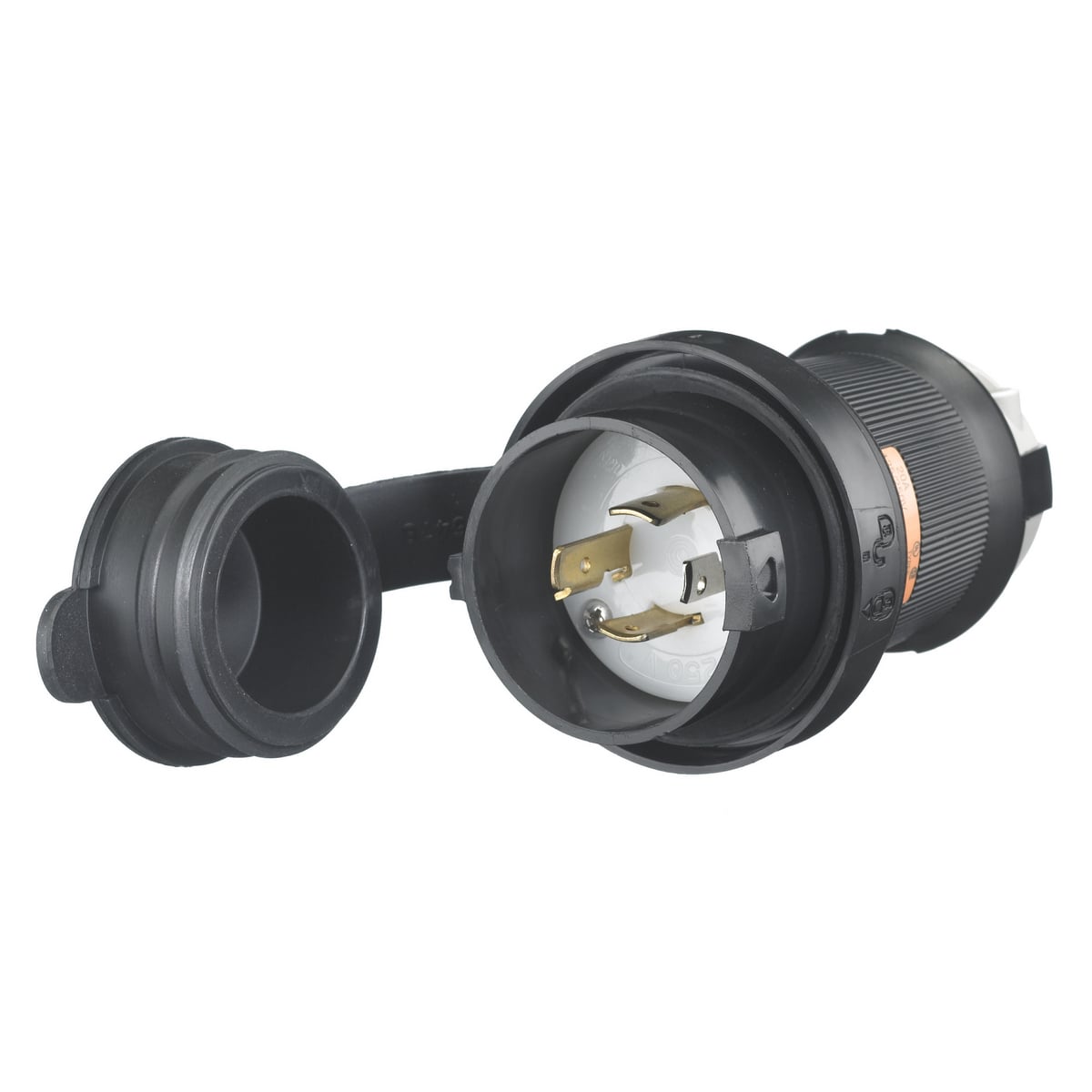 Locking Devices, Twist-Lock, Watertight Safety-Shroud, Male Plug 20A 125/250V AC, 3-Pole 4-Wire Grounding, NEMA L14-20P, Screw Terminal, Black  PBT housing, White PBT clamps.