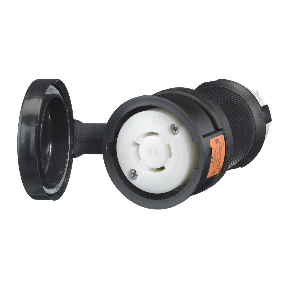 Locking Devices, Twist-Lock, Watertight Safety-Shroud, Female Connector Body, 20A 125/250V AC, 3-Pole 4-Wire Grounding, NEMA L14-20R, Screw Terminal , Black PBT housing, White PBT clamps.