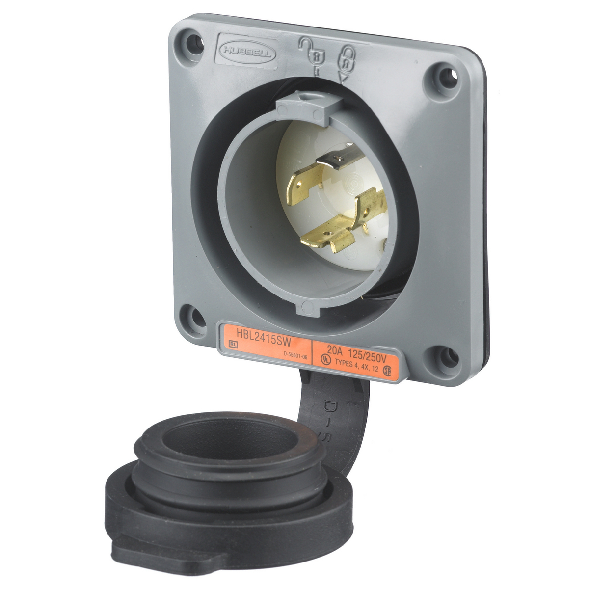 Watertight Safety-Shroud, Locking Devices, Twist-Lock, Flanged Inlet, 20A 125/250V AC, 3-Pole 4-Wire Grounding, NEMA L14-20P, Screw Terminal, Gray.
