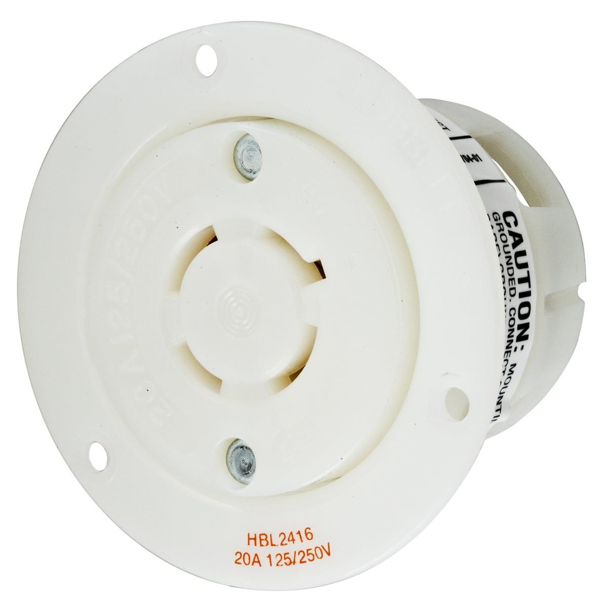 Locking Devices, Twist-Lock, Industrial, Insulgrip Flanged Receptacle, 20A 125/250V, 3-Pole 4-Wire Grounding, NEMA L14-20R, Screw Terminal, Nylon casing, Back wired, White.