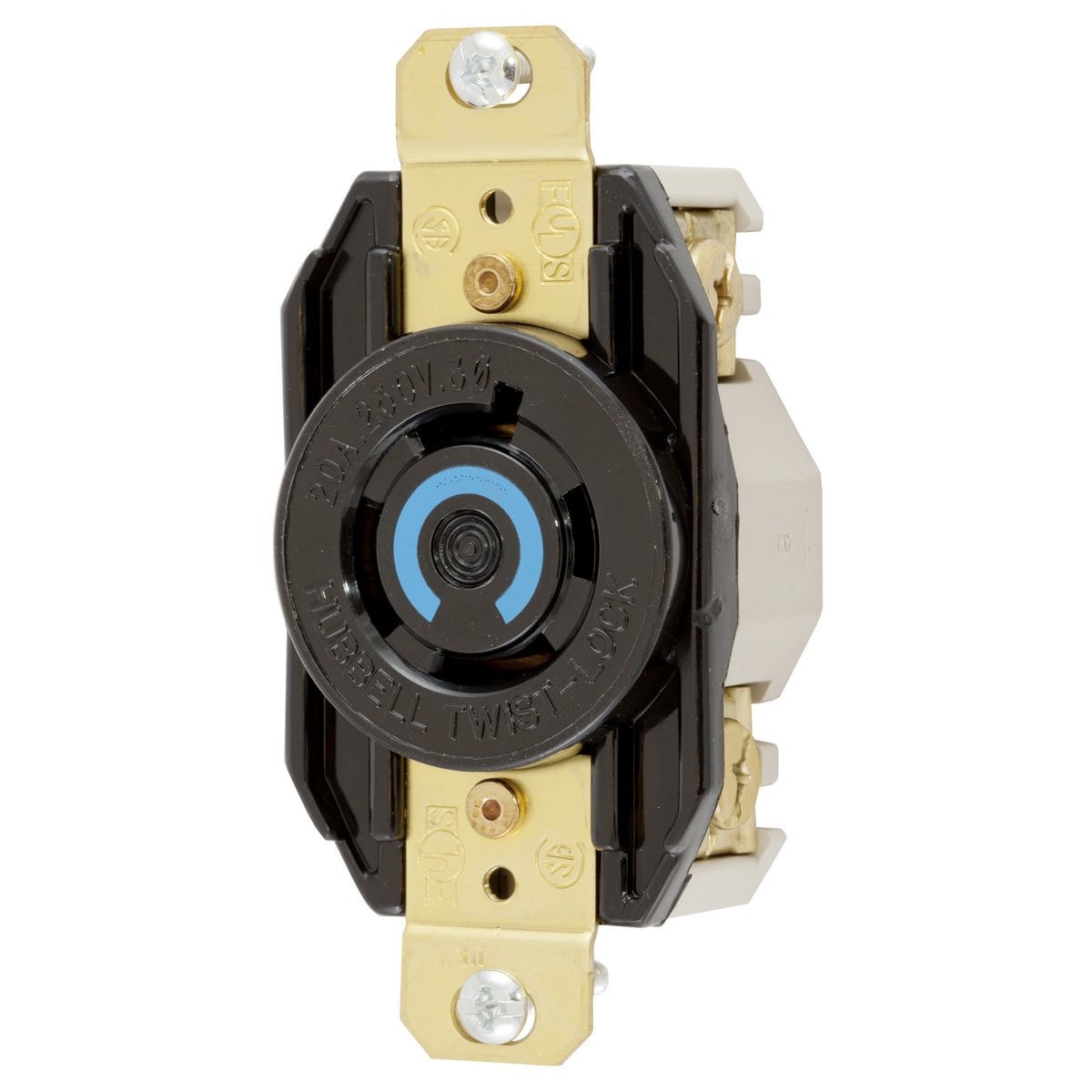 Locking Devices, Twist-Lock, Industrial, Single Flush Receptacle, 20A 3 Phase 250V AC, 3-Pole 4-Wire Grounding, NEMA L15-20R, Screw Terminal, Nylon face, Back and side wired, Black.