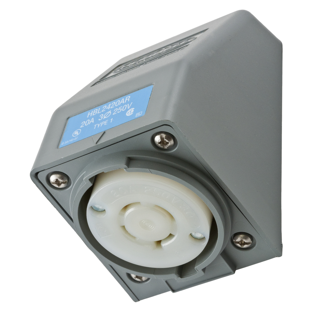 Locking Devices, Twist-Lock, Safety-Shroud, Angled Receptacle, One Gang, 20A 3-Phase Delta 250V AC, 3-Pole 4-Wire Grounding, NEMA L15-20R, Screw Terminal, Gray.