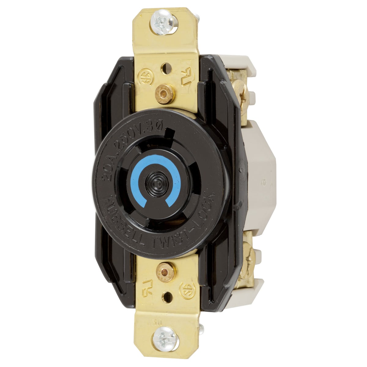 Locking Devices, Twist-Lock, Single Flush Receptacle, 20A, 250V AC, 3-Pole, 4-Wire Grounding, Black