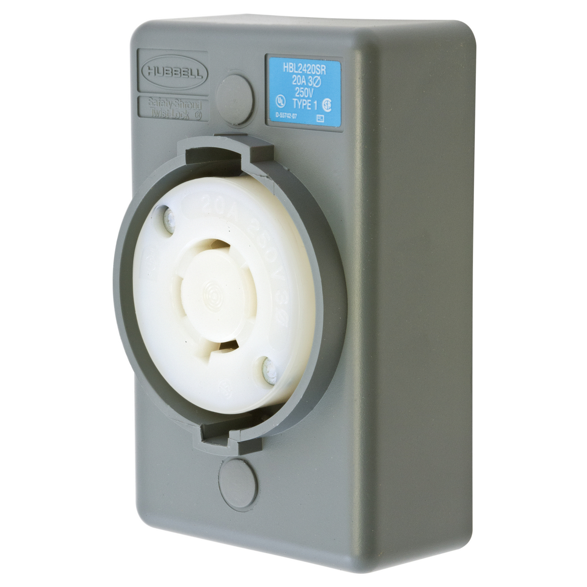 Locking Devices, Twist-Lock, Safety-Shroud, Surface Mount Receptacle, One Gang, 20A 3-Phase Delta 250V AC, 3-Pole 4- Wire Grounding, NEMA L15-20R, Screw Terminal, Gray.
