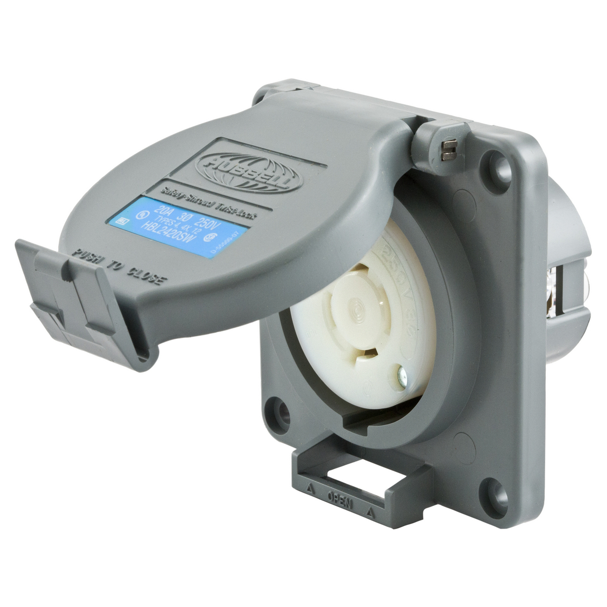 Locking Devices, Twist-Lock, Watertight Safety-Shroud, Receptacle 20A 3-Phase Delta 250V AC, 3-Pole 4-Wire Grounding, NEMA L15-20R, Screw Terminal, PBT housing and flange, Gray.