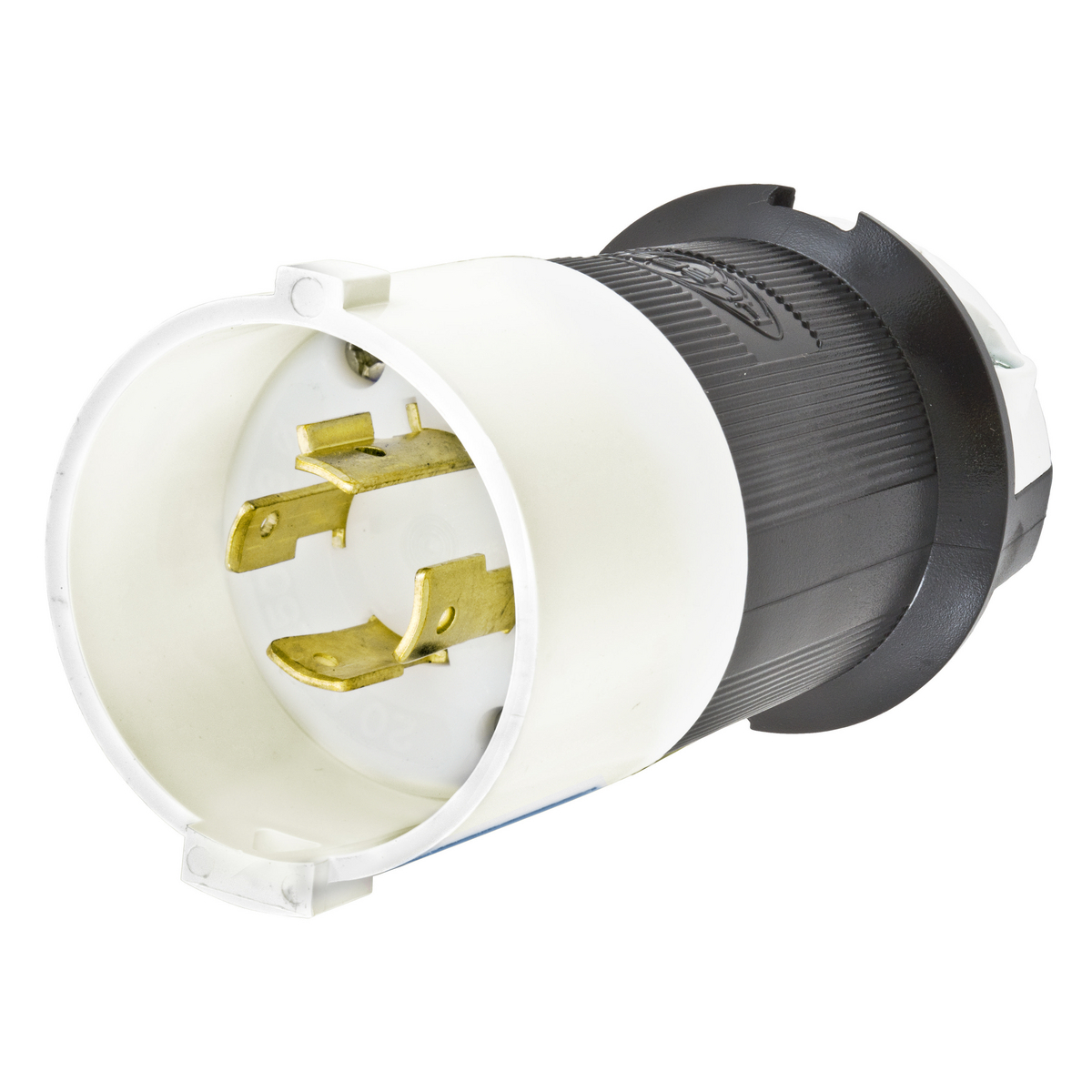 Locking Devices, Twist-Lock, Safety-Shroud, Male Plug, 20A 3-Phase Delta 250V AC, 3-Pole 4-Wire Grounding, NEMA L15-20P, Screw Terminal, Black and White Nylon Body, White PBT Shroud.