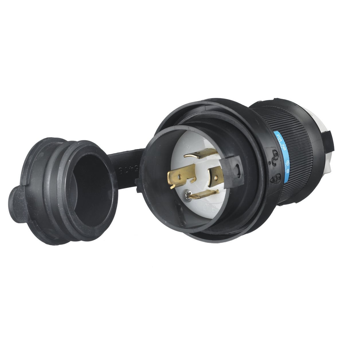 Locking Devices, Twist-Lock, Watertight Safety-Shroud, Male Plug, 3-Phase Delta 250V AC, 3-Pole 4-Wire Grounding, NEMA L15-20P, Screw Terminal, Black  PBT housing, White PBT clamps.