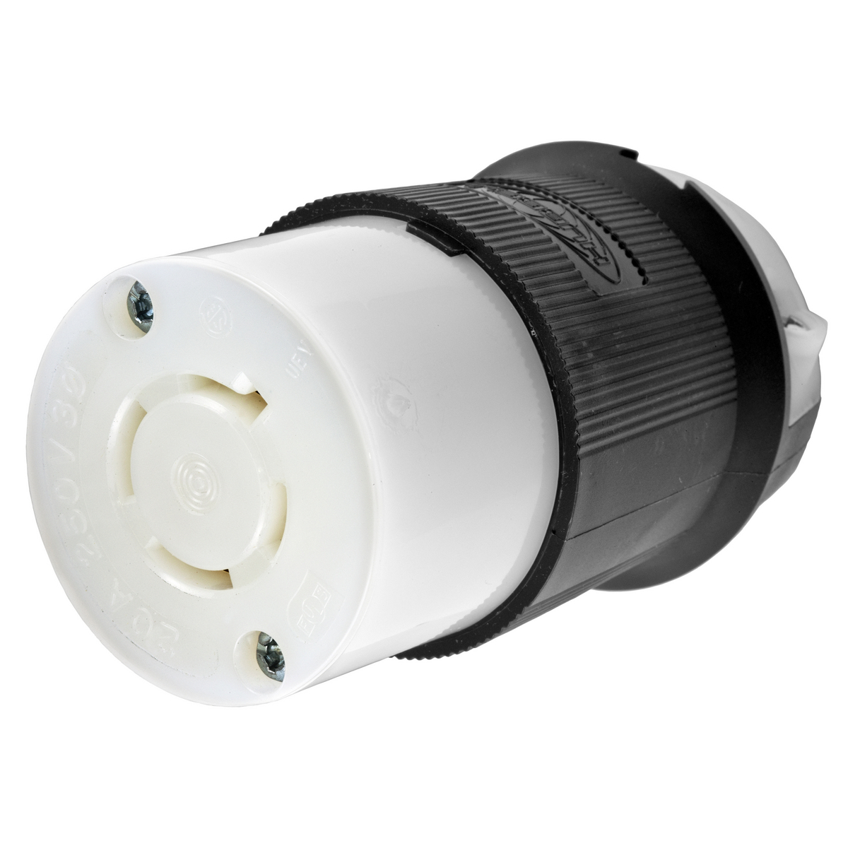 Locking Devices, Twist-Lock, Industrial, Female Insulgrip Connector Body, 20A 3-Phase 250V AC, 3-Pole 4-Wire Grounding, NEMA L15-20R, Screw Terminal, Black and White Nylon.
