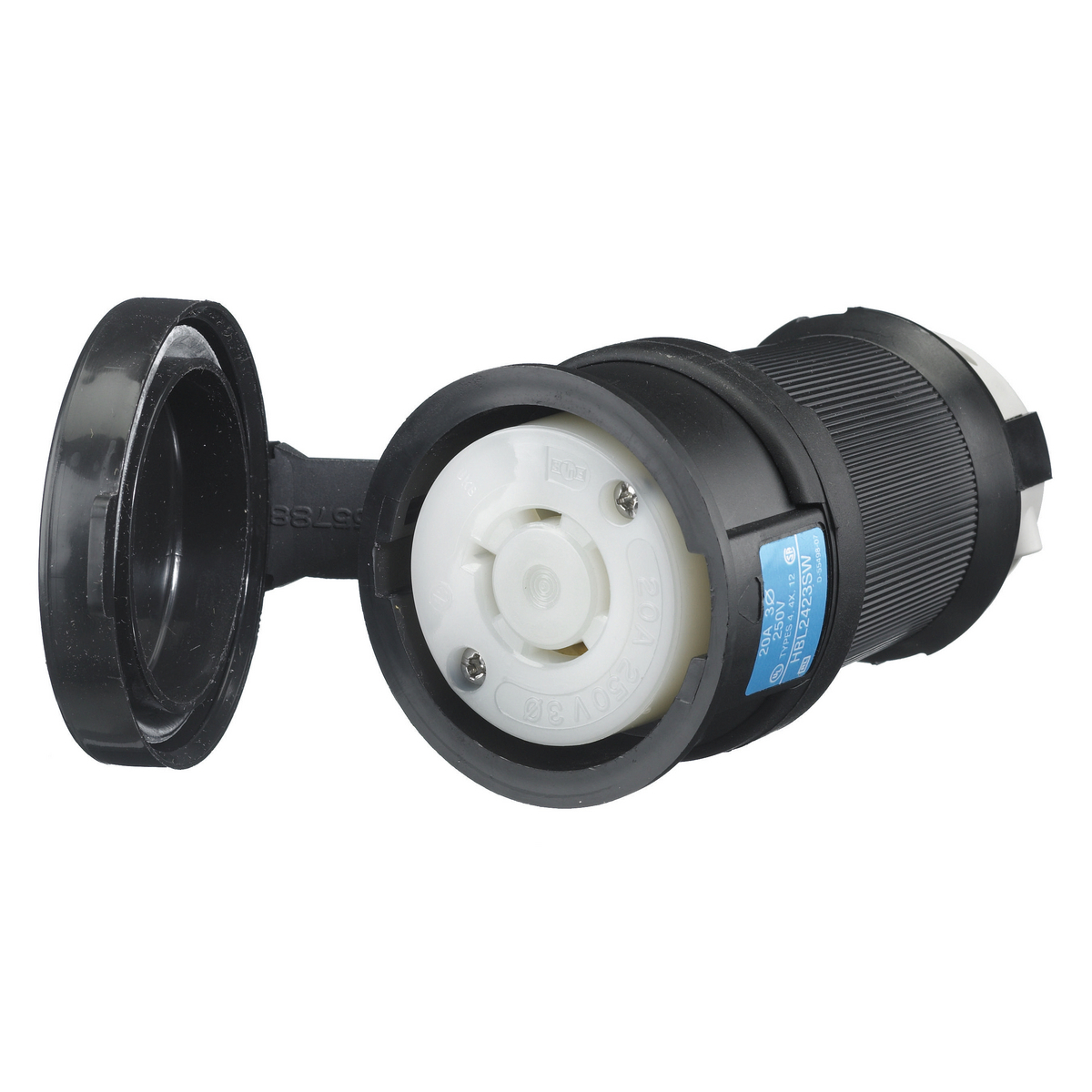 Locking Devices, Twist-Lock, Watertight Safety-Shroud, Female Connector Body, 20A 3-Phase Delta 250V AC, 3-Pole 4-Wire Grounding, NEMA L15-20R, Screw Terminal, Black PBT housing, White PBT clamps.