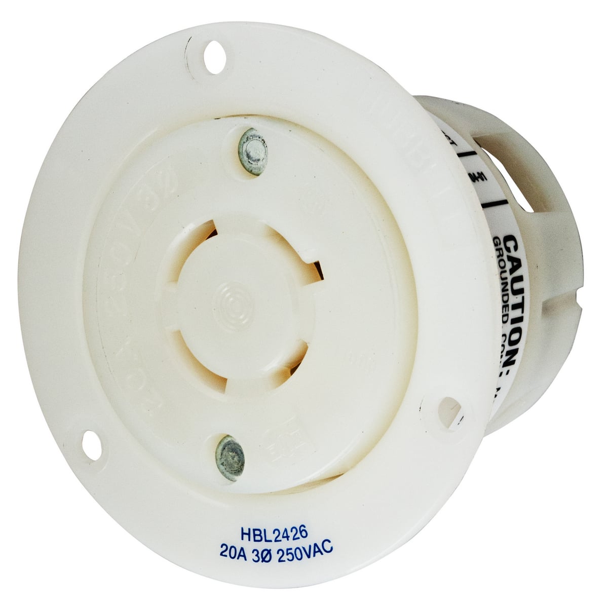 Locking Devices, Twist-Lock, Industrial, Insulgrip Flanged Receptacle, 20A 3-Phase 250V AC, 3-Pole 4-Wire Grounding, NEMA L15-20R, Screw Terminal, Nylon casing, Back wired, White.