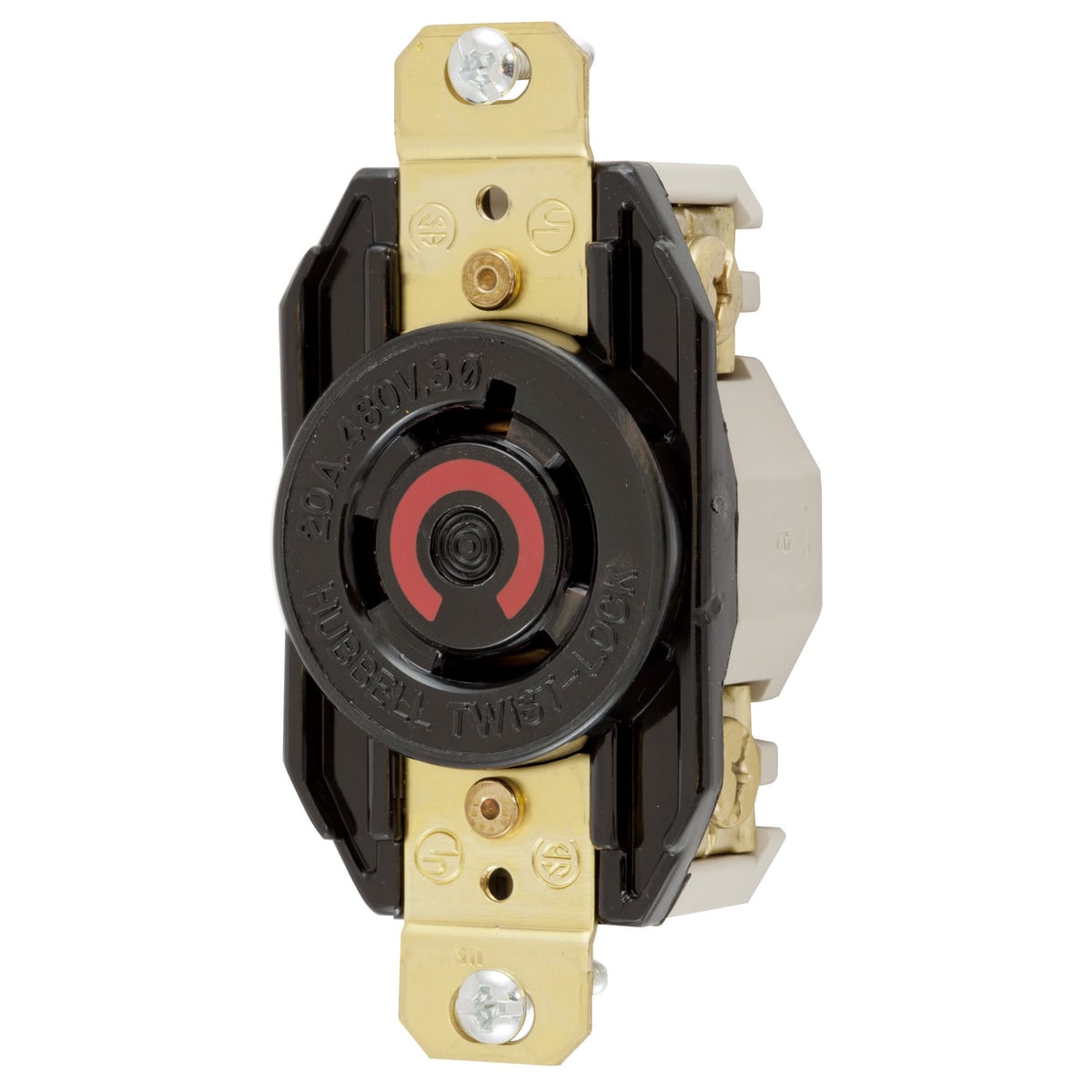 Locking Devices, Twist-Lock, Industrial, Single Flush Receptacle, 20A 3-Phase 480V AC, 3-Pole 4-Wire Grounding, NEMA L16-20R, Screw Terminal, Nylon face, Back and side wire, Black.