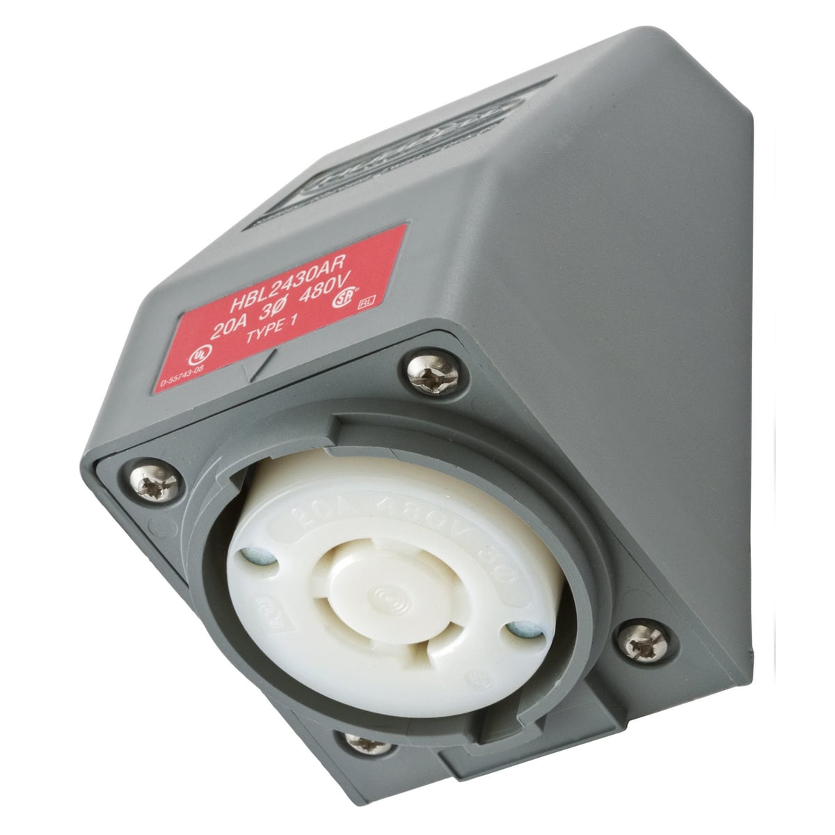 Locking Devices, Twist-Lock, Safety-Shroud, Angled Receptacle, One Gang, 20 Amp 3-Phase Delta 480 VAC, 3-Pole 4-Wire Grounding, NEMA L16-20R, Screw Terminal , Gray