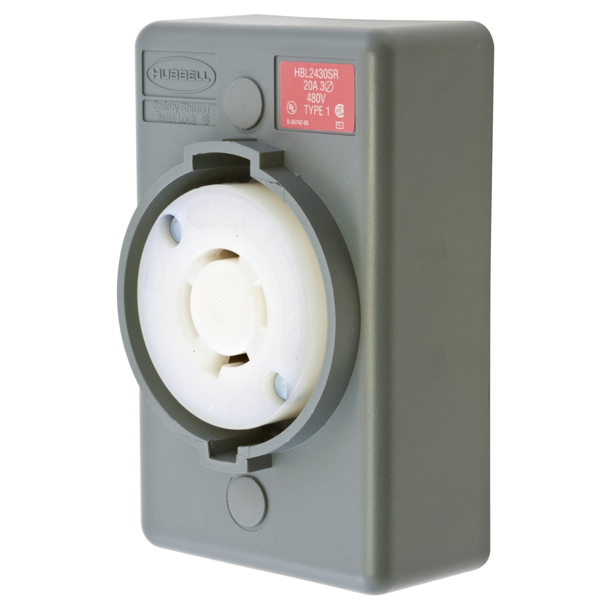 Locking Devices, Twist-Lock, Safety-Shroud, Surface Mount Receptacle, One Gang, 20A 3-Phase Delta 480V AC, 3-Pole 4- Wire Grounding, NEMA L16-20R, Screw Terminal, Gray.