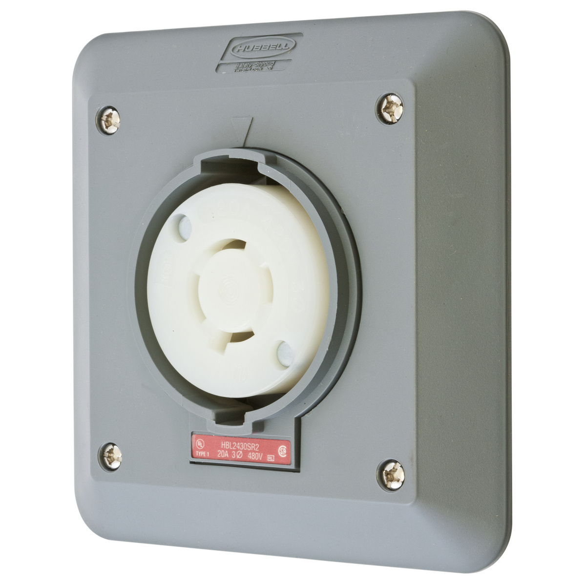 Locking Devices, Twist-Lock, Safety-Shroud, 2-Gang Surface Mount Receptacle, 20A 3-Phase Delta 480V AC, 3- Pole 4-Wire Grounding, NEMA L16-20R, Screw Terminal, Gray.