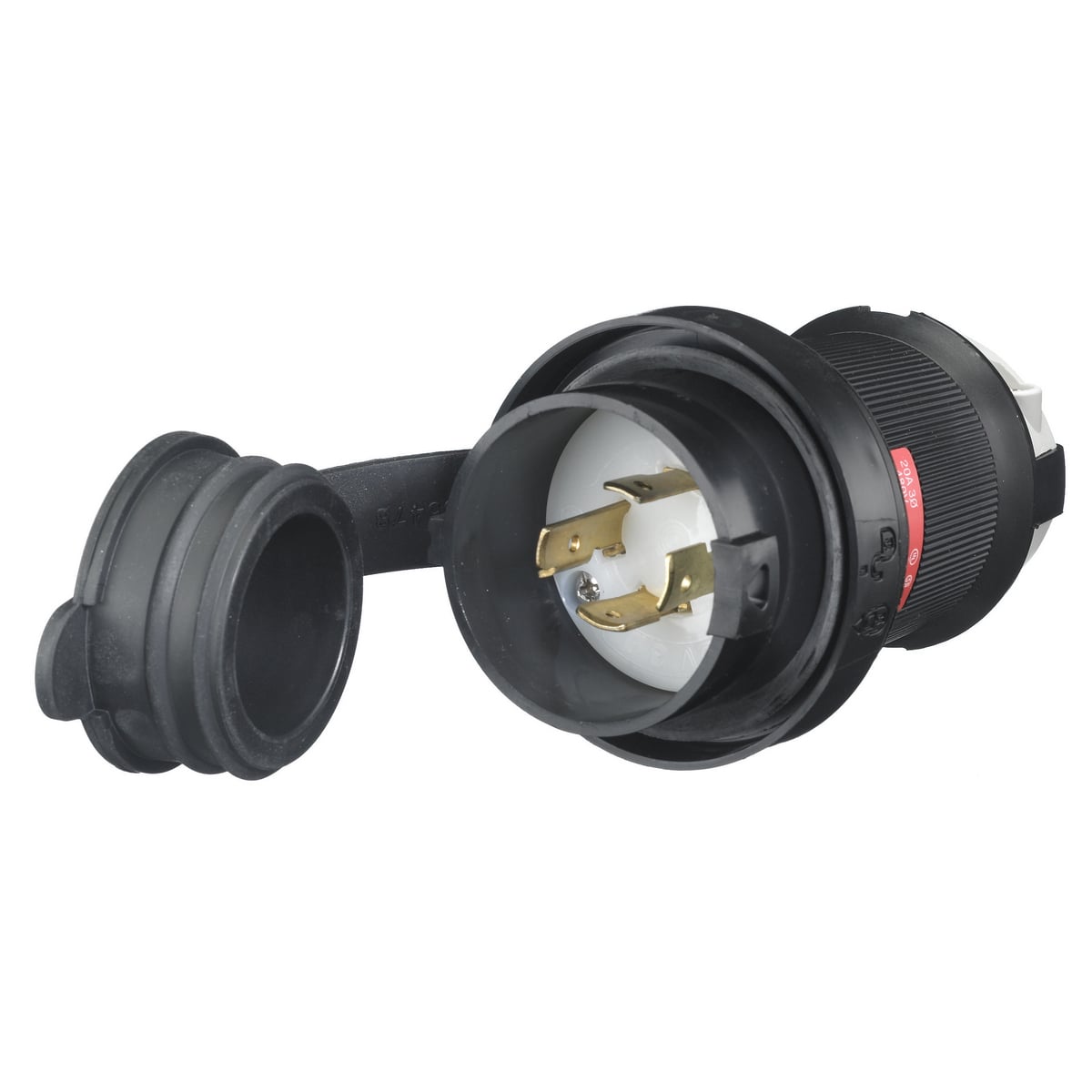 Locking Devices, Twist-Lock, Watertight Safety-Shroud, Male Plug, 3-Phase Delta 480V AC, 3-Pole 4-Wire Grounding, NEMA L16-20P, Screw Terminal, Black  PBT housing, White PBT clamps.