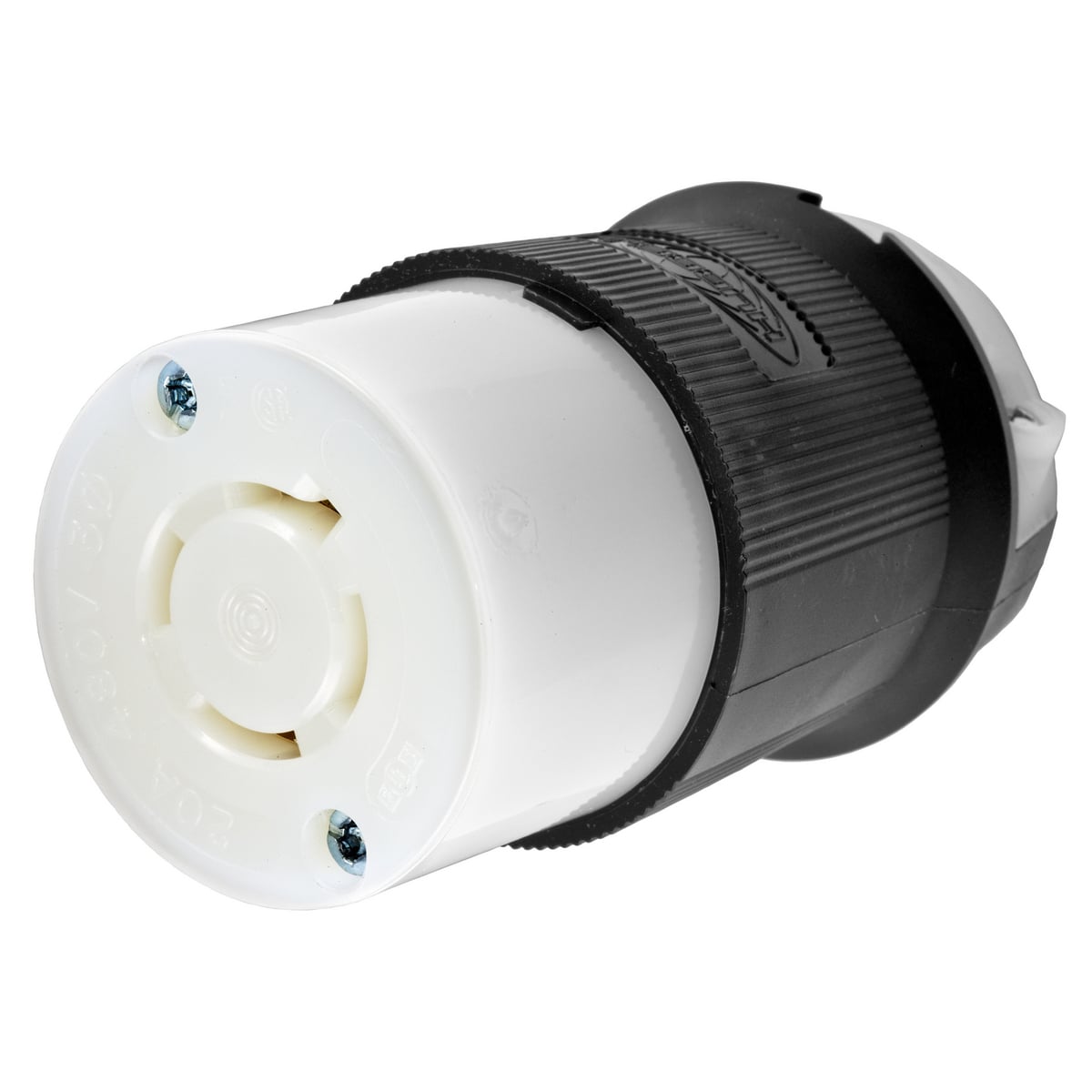 Locking Devices, Twist-Lock, Industrial, Female Insulgrip Connector Body, 20A 3-Phase 480V AC, 3-Pole 4-Wire Grounding, NEMA L16-20R, Screw Terminal, Black and White Nylon.