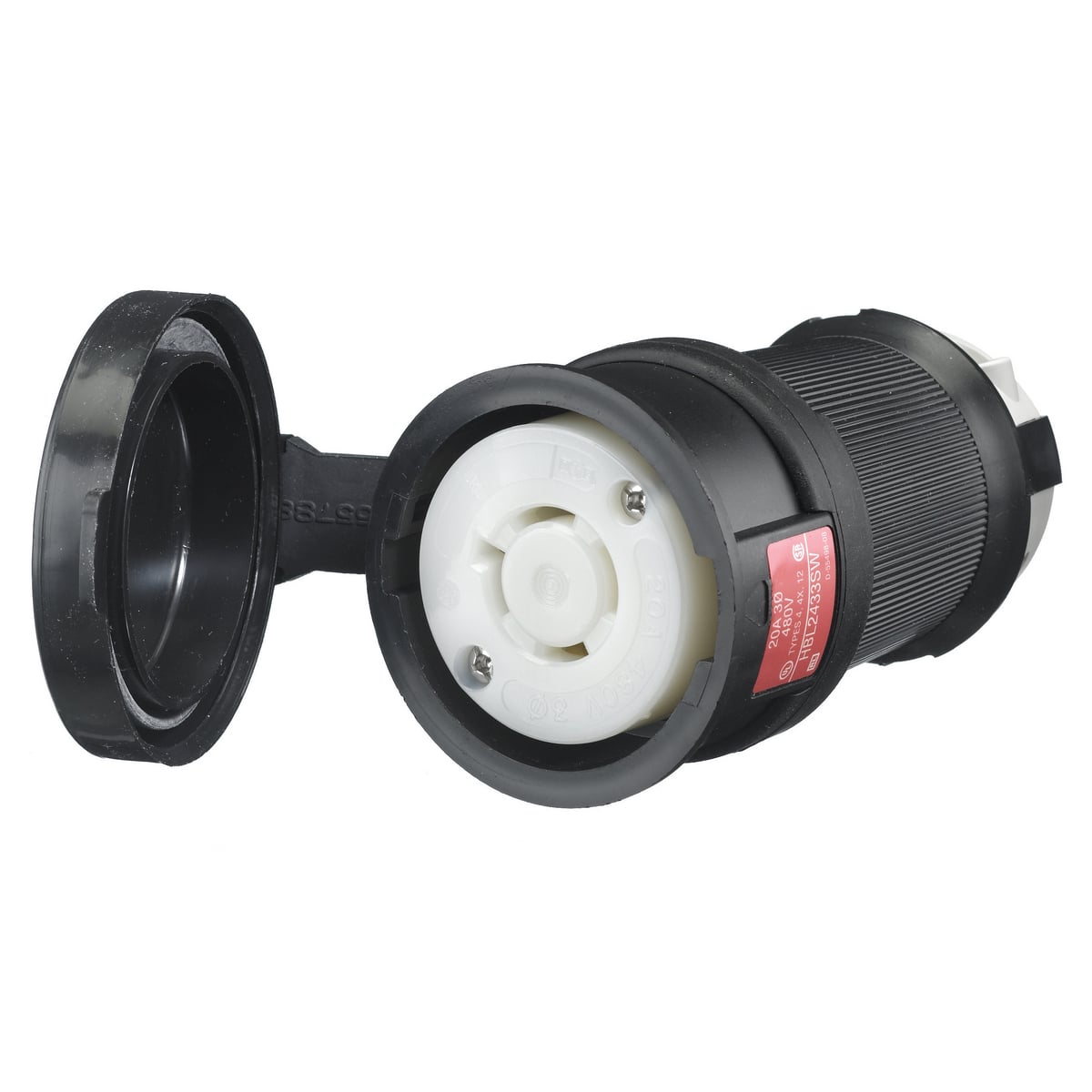 Locking Devices, Twist-Lock, Watertight Safety-Shroud, Female Connector Body, 20A 3-Phase Delta 480V AC, 3-Pole 4-Wire Grounding, NEMA L16-20R, Screw Terminal, Black PBT housing, White PBT clamps.