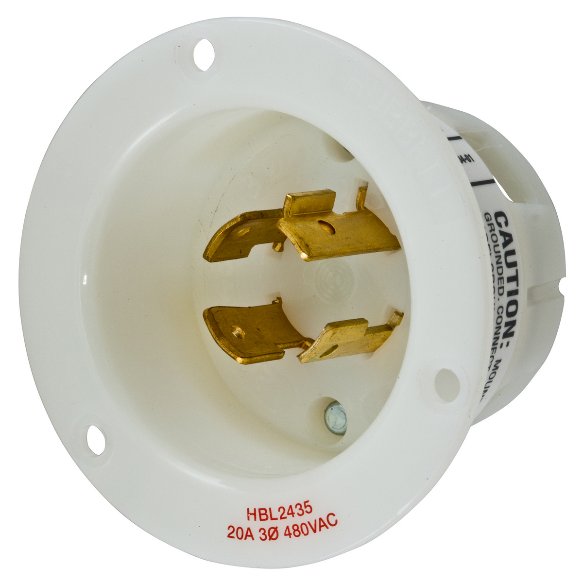 Locking Devices, Twist-Lock, Industrial, Insulgrip Flanged Inlet, 20A 3-Phase 480V AC, 3-Pole 4-Wire Grounding, NEMA L16- 20P, Screw Terminal, Nylon casing, Back wired, White.