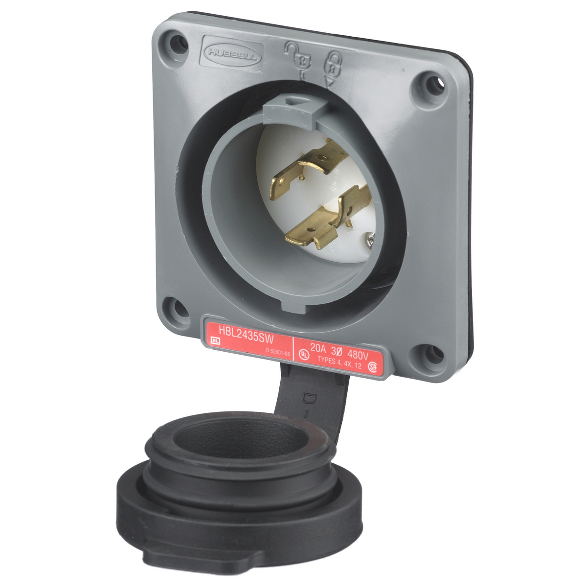 Watertight Safety-Shroud, Locking Devices, Twist-Lock, Flanged Inlet, 20A 3-Phase Delta 480V AC, 3-Pole 4-Wire Grounding, NEMA L16-20P, Screw Terminal , Gray.