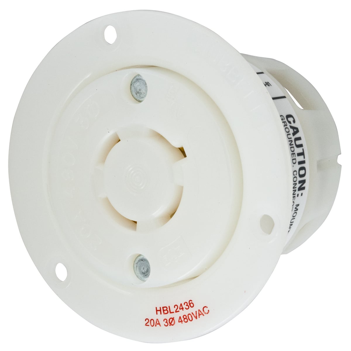 Locking Devices, Twist-Lock, Industrial, Insulgrip Flanged Receptacle, 20A 3 Phase 480V AC, 3-Pole 4-Wire Grounding, NEMA L16-20R, Screw Terminal, Nylon casing, Back wired, White.