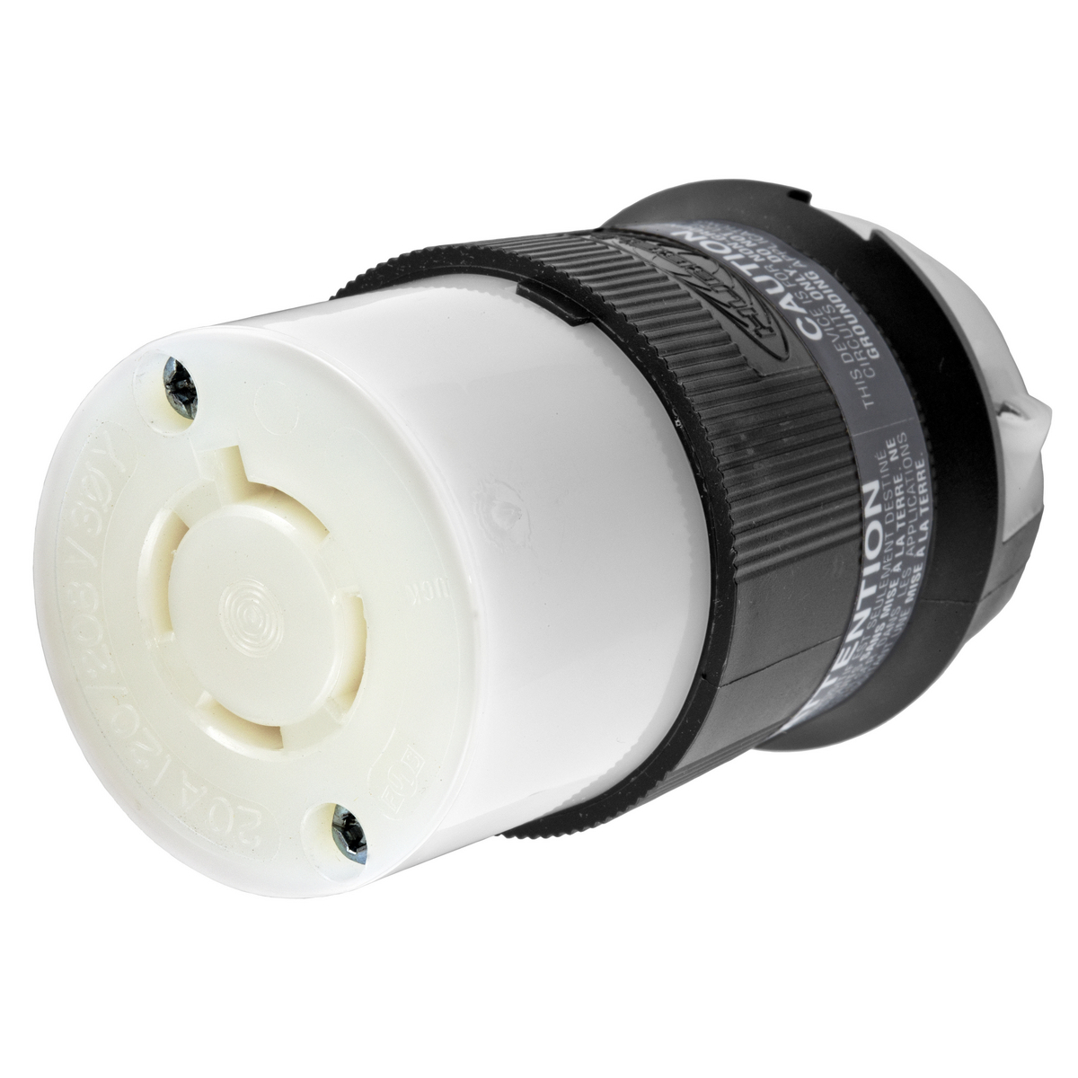 Locking Devices, Twist-Lock, Industrial, Female Insulgrip Connector Body, 20A 3-Phase WYE 120/208V AC, 4-Pole 4-Wire Non- Grounding, NEMA L18-20R, Screw Terminal, Black and White Nylon