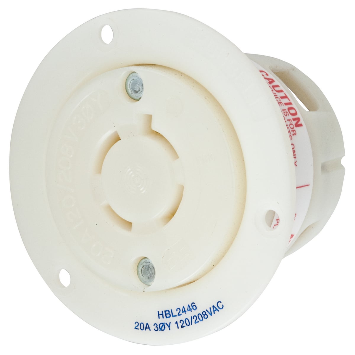 Locking Devices, Twist-Lock, Industrial, Insulgrip Flanged Receptacle, 20A 3-Phase WYE 120/208V AC, 4-Pole 4-Wire Non- Grounding, NEMA L18-20R, Screw Terminal, Nylon casing, back wired, White