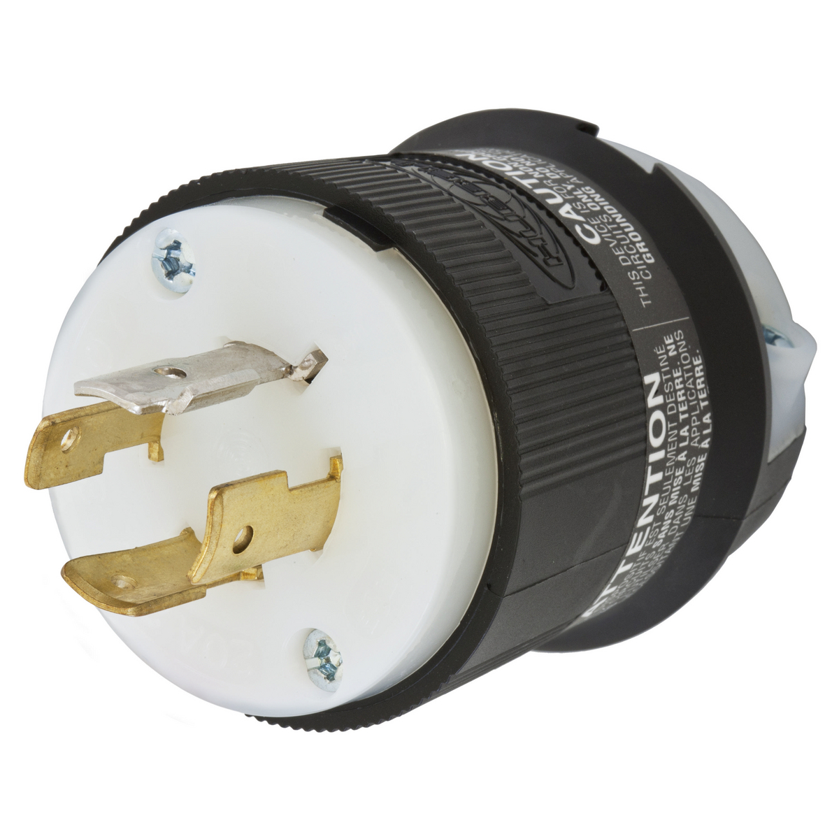Locking Devices, Twist-Lock, Industrial, Male Insulgrip Plug, 20A 3-Phase Y 277/480V AC, 4-Pole 4-Wire Non-Grounding, NEMA L19- 20P, Screw Terminal, Black and White Nylon