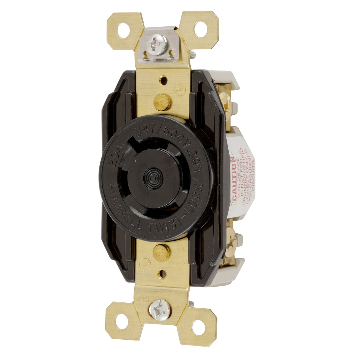 Locking Devices, Twist-Lock, Industrial, Single Flush Receptacle, 20A 3-Phase WYE 347/600V AC, 4-Pole 4-Wire Non- Grounding, NEMA L20-20R, Screw Terminal, Nylon face, Back and side wire, Black