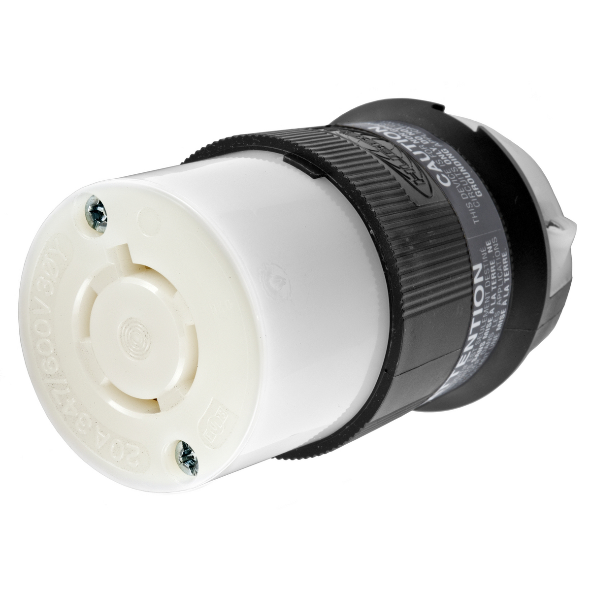 Locking Devices, Twist-Lock, Industrial, Female Insulgrip Connector Body, 20A 3-Phase WYE 347/600V AC, 4-Pole 4-Wire Non- Grounding, NEMA L20-20R, Screw Terminal, Black and White Nylon.