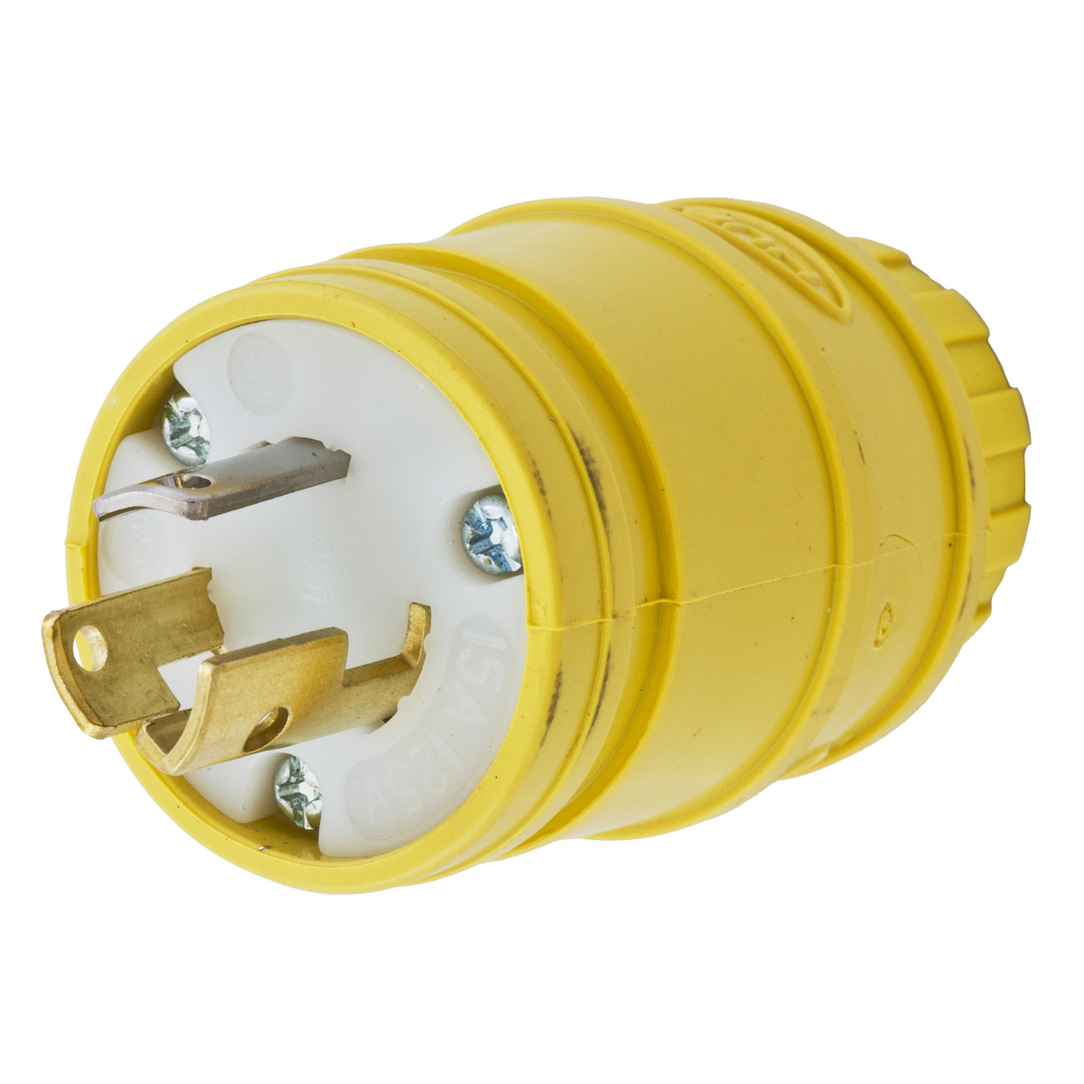 Locking Devices, Twist-Lock, Elastogrip, Male Plug, 15A 125V, 2-Pole 3-Wire Grounding, NEMA L5-15P, Screw Terminal, Yellow Elastomer, Water/Dust-Tight Housing.