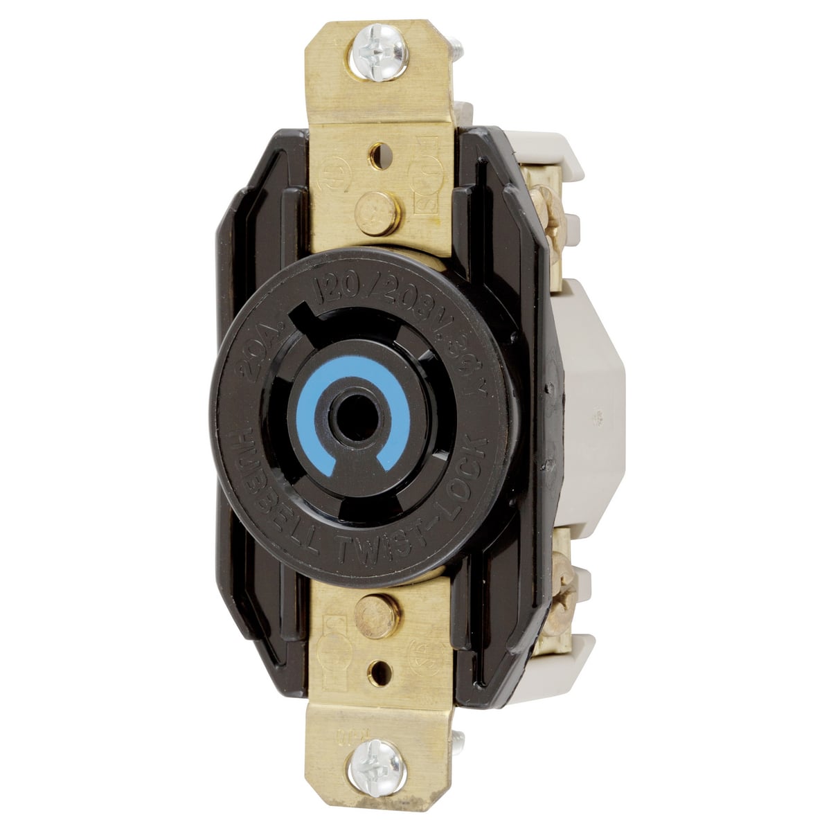 Locking Devices, Twist-Lock, Industrial, Single Flush Receptacle, 20A 3-Phase Wye 120/208V AC, 4-Pole 5-Wire Grounding, NEMA L21-20R, Screw Terminal, Nylon face, Back and side wire, Black.