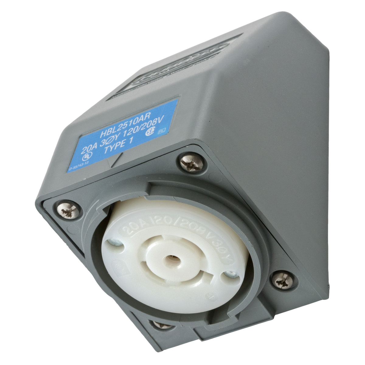 Locking Devices, Twist-Lock, Safety-Shroud, Angled Receptacle, 20A 3 -Phase Wye 120/208V AC, 4-Pole 5-Wire Grounding, NEMA L21-20R, Screw Terminal, Gray.