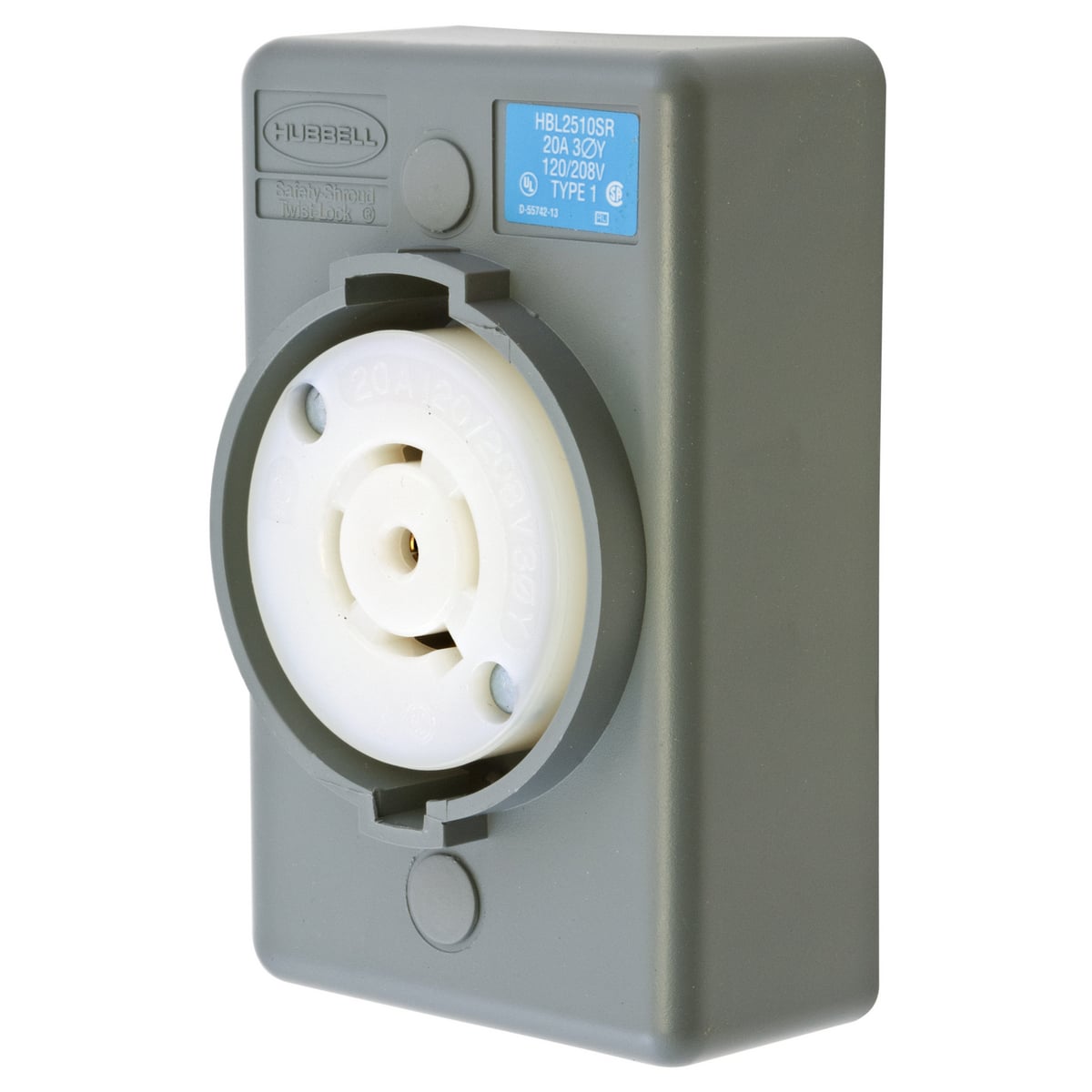 Locking Devices, Twist-Lock, Safety-Shroud, Surface Mount Receptacle, One Gang, 20A 3-Phase Wye 120/208V AC, 4-Pole 5- Wire Grounding, NEMA L21-20R, Screw Terminal, Gray.