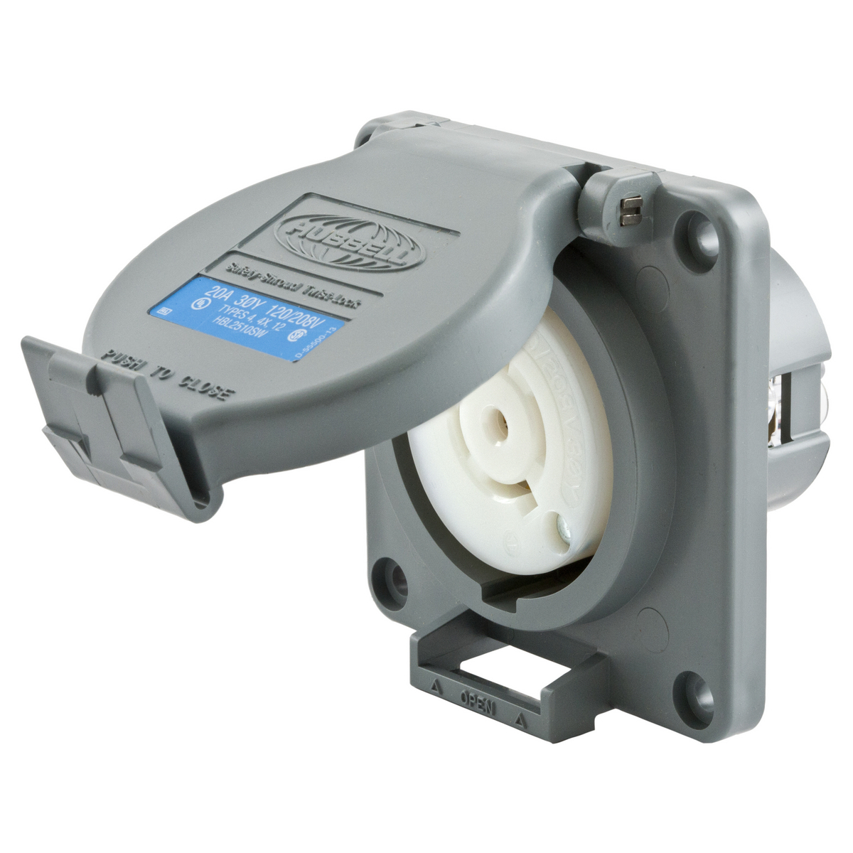 Locking Devices, Twist-Lock, Watertight Safety-Shroud, Receptacle, 20A 3-Phase Wye 120/208V AC, 4-Pole 5-Wire Grounding, NEMA L21-20R, Screw Terminal, PBT housing and flange, Gray.
