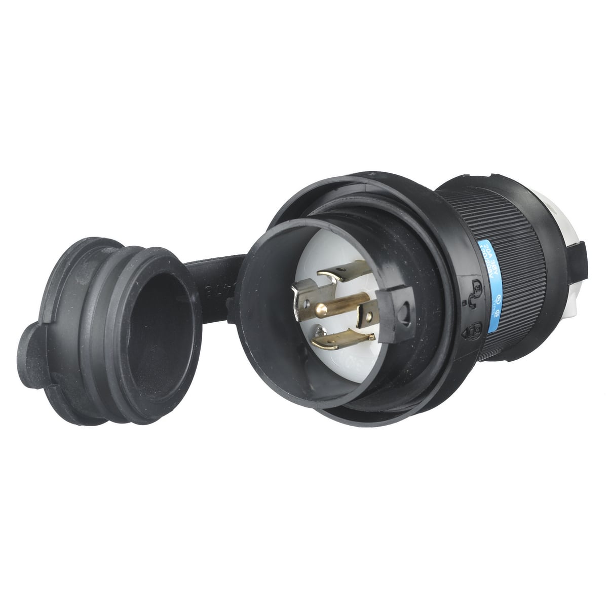 Locking Devices, Twist-Lock, Watertight Safety-Shroud, Male Plug, 20A 3-Phase Wye 120/208V AC, 4-Pole 5-Wire Grounding, NEMA L21-20P, Screw Terminal, Black  PBT housing, White PBT clamps.