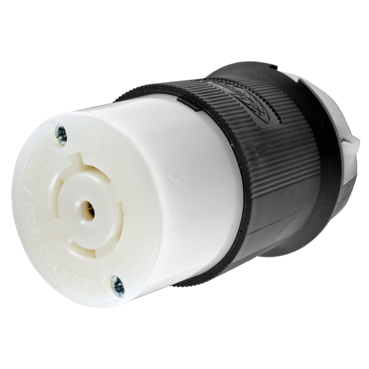 Locking Devices, Twist-Lock, Industrial, Female Insulgrip Connector Body, 20A 3-Phase Wye 120/208V AC, 4-Pole 5-Wire Grounding, NEMA L21-20R, Screw Terminal, Black and White Nylon.
