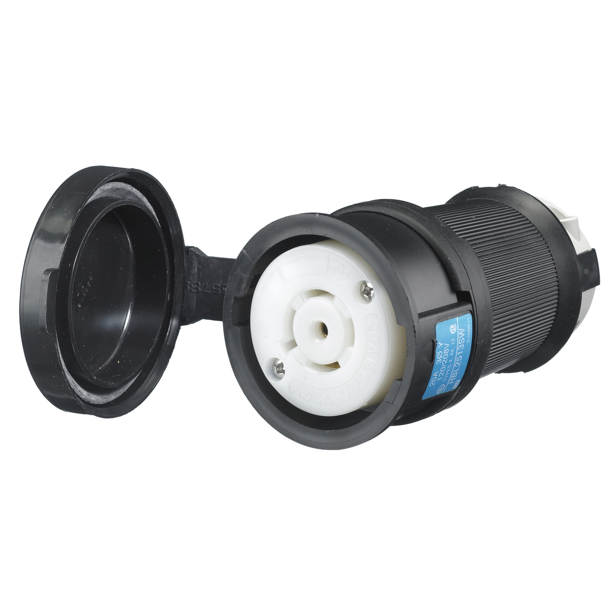Locking Devices, Twist-Lock, Watertight Safety-Shroud, Female Connector Body, 20A 3-Phase Wye 120/208V AC, 4- Pole 5-Wire Grounding, NEMA L21-20R, Screw Terminal, Black PBT housing, White PBT clamps.