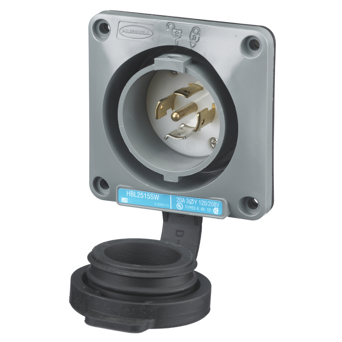 Watertight Safety-Shroud, Locking Devices, Twist-Lock, Flanged Inlet, 20A 3-Phase Wye 120/208V AC, 4-Pole 5-Wire Grounding, NEMA L21-20P, Screw Terminal, Gray.