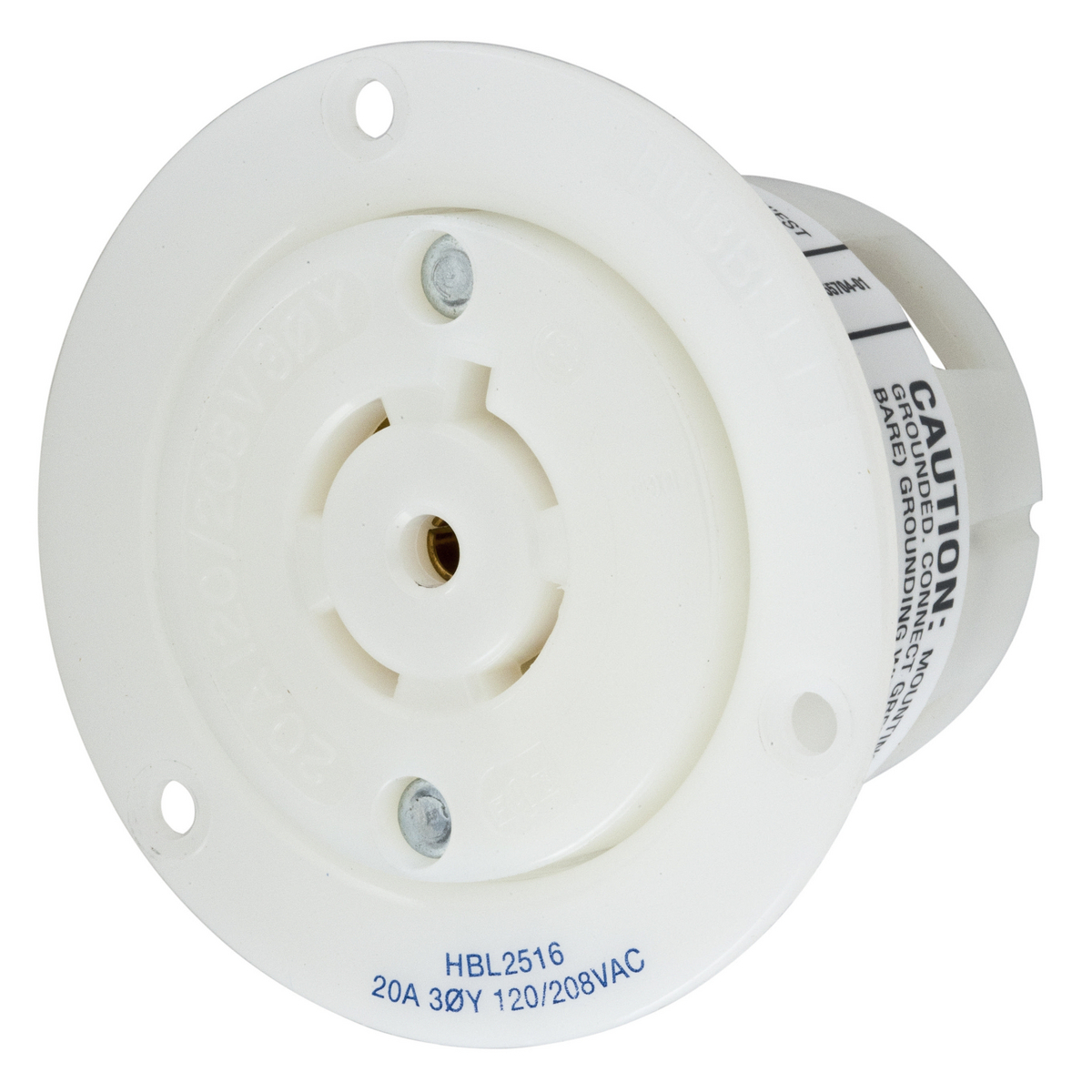 Locking Devices, Twist-Lock, Industrial, Insulgrip Flanged Receptacle, 20A Phase Wye 120/208V AC, 4-Pole 5-Wire Grounding, NEMA L21-20R, Screw Terminal, Nylon casing, Back wired, White.