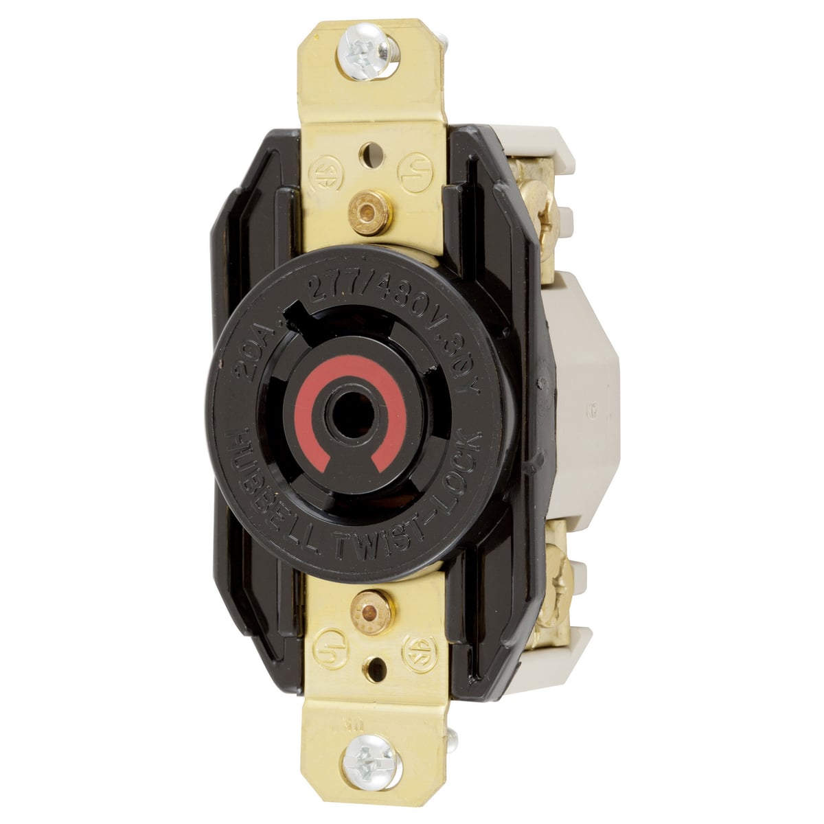 Locking Devices, Twist-Lock, Industrial, Single Flush Receptacle, 20A 3-Phase Wye 277/480V AC, 4-Pole 5-Wire Grounding, NEMA L22-20R, Screw Terminal, Nylon face, Back and side wire, Black.